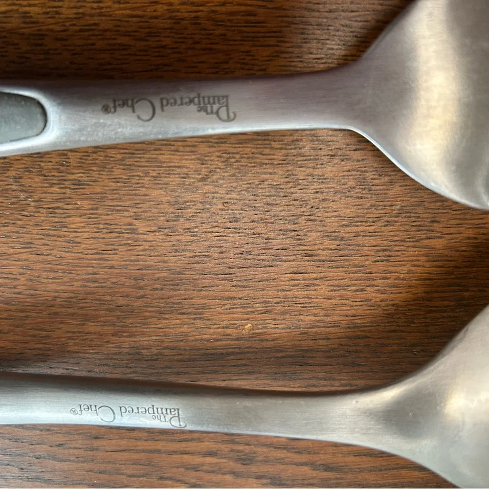 Pampered Chef serving Fork & Spoon, stainless steel classic, w/cushioned back.